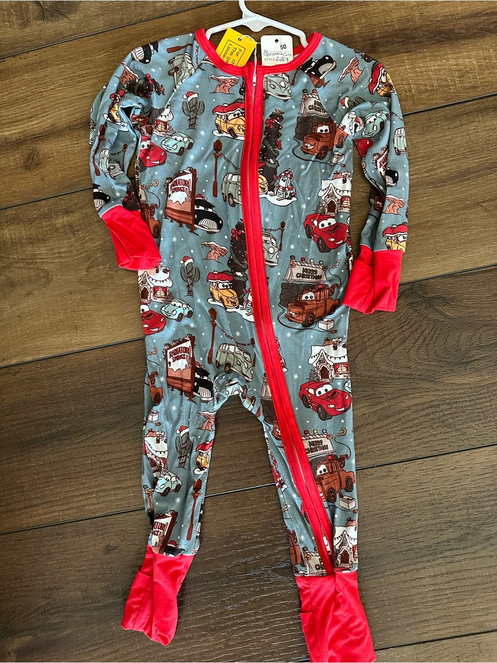 Kids Christmas Cars One-Piece Zippy Bamboo Pajamas in Gray Blue and Red